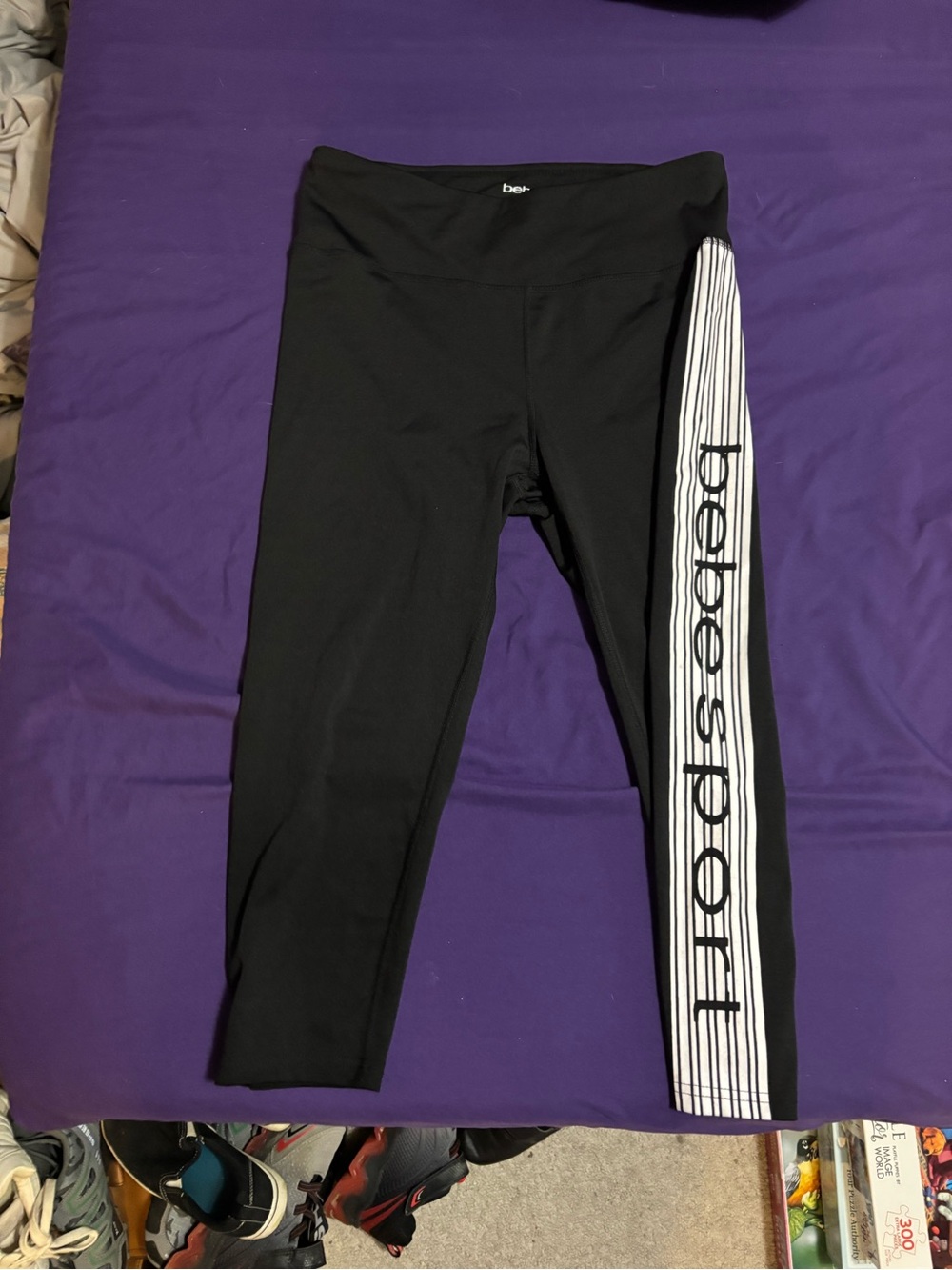 bebe Black Leggings with White Side Stripe and bebe sport Logo